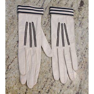 Vintage Size XS 6 3/4 Beige Black Leather 9" Formal Gloves Stripe Wrist Snap